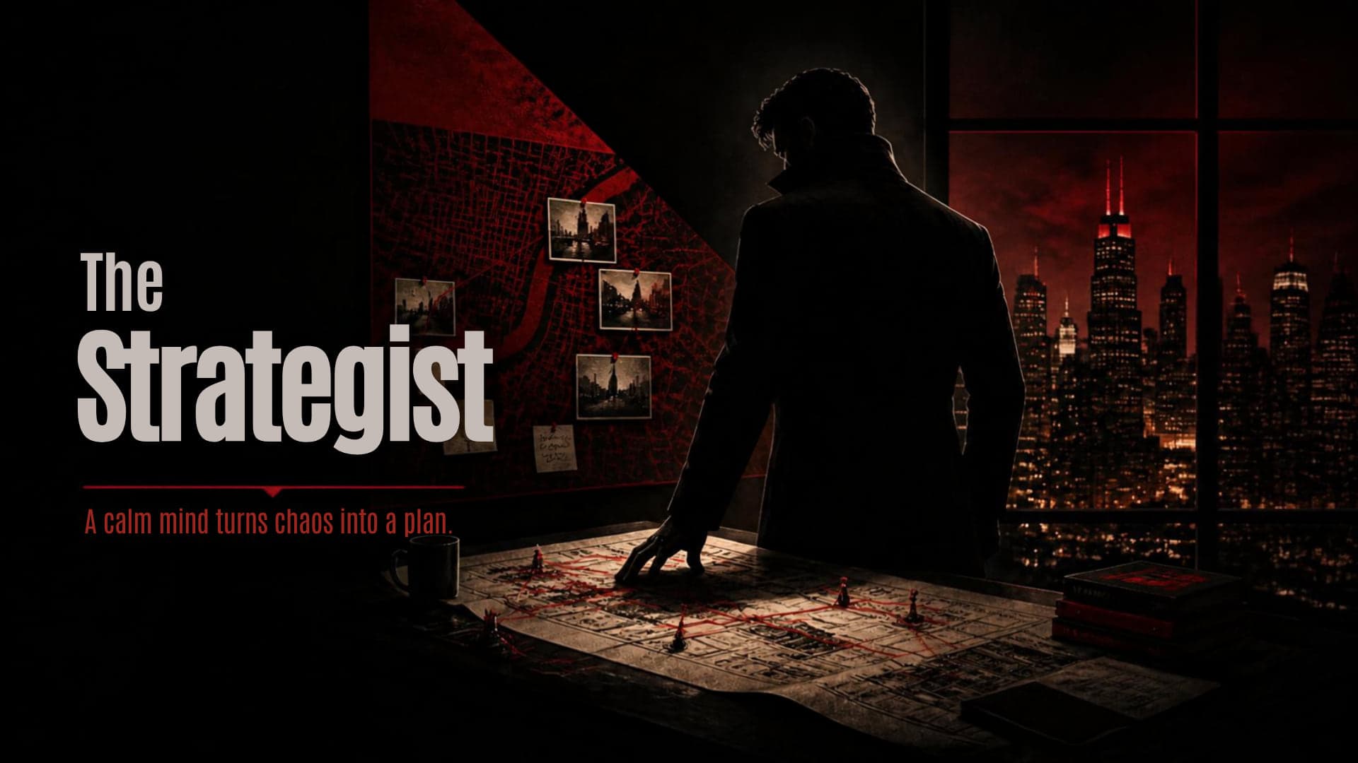 Man seen from behind leaning over a map spread on a table, with a red-string pinboard of photographs on the wall and a night skyline through the window, and the words 'The Strategist. A calm mind turns chaos into a plan.' on the left