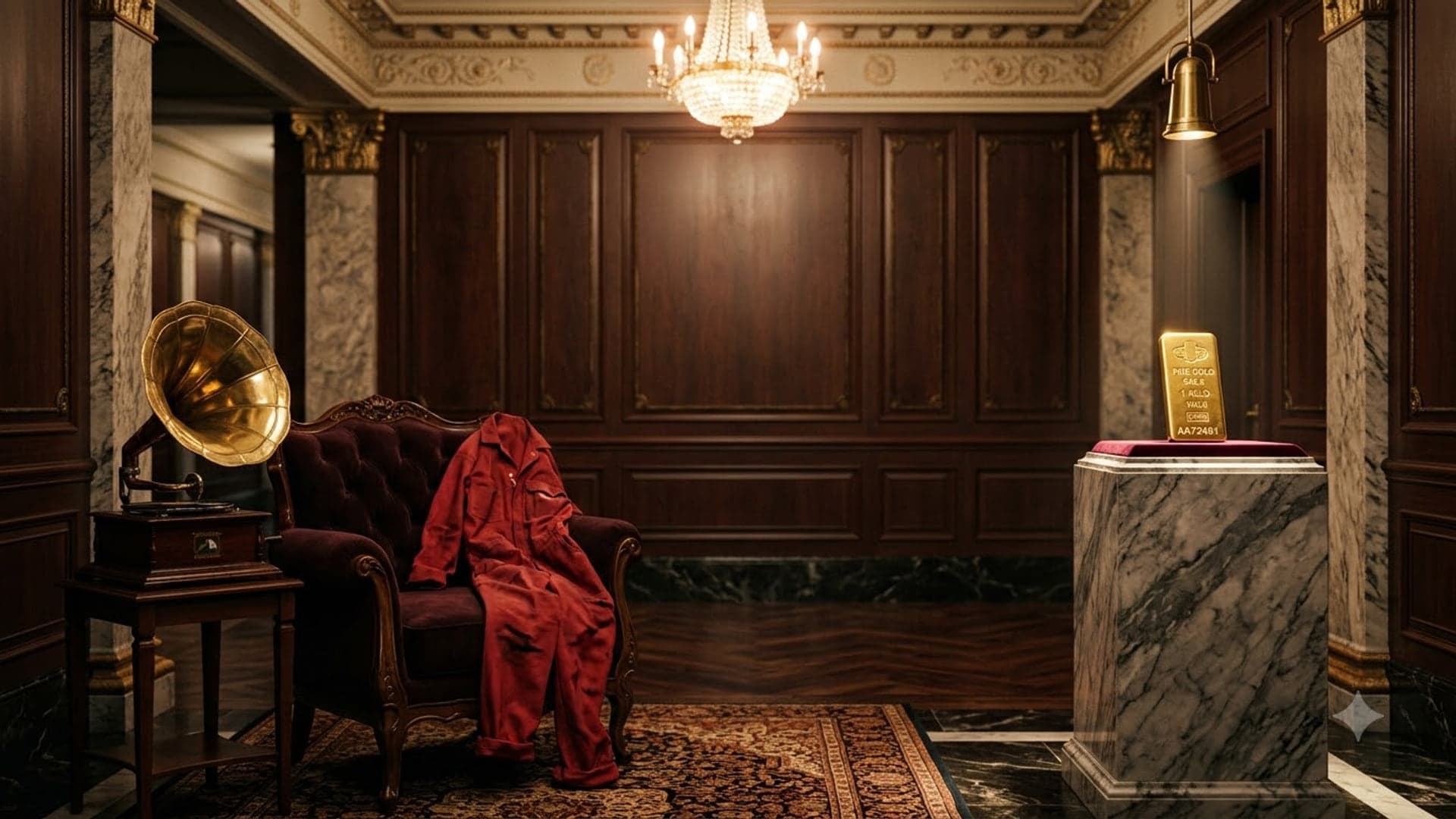Wood-panelled room lit by a chandelier, with a brass gramophone and a red boiler suit draped over a leather armchair on the left, and a single gold bar on a marble plinth to the right