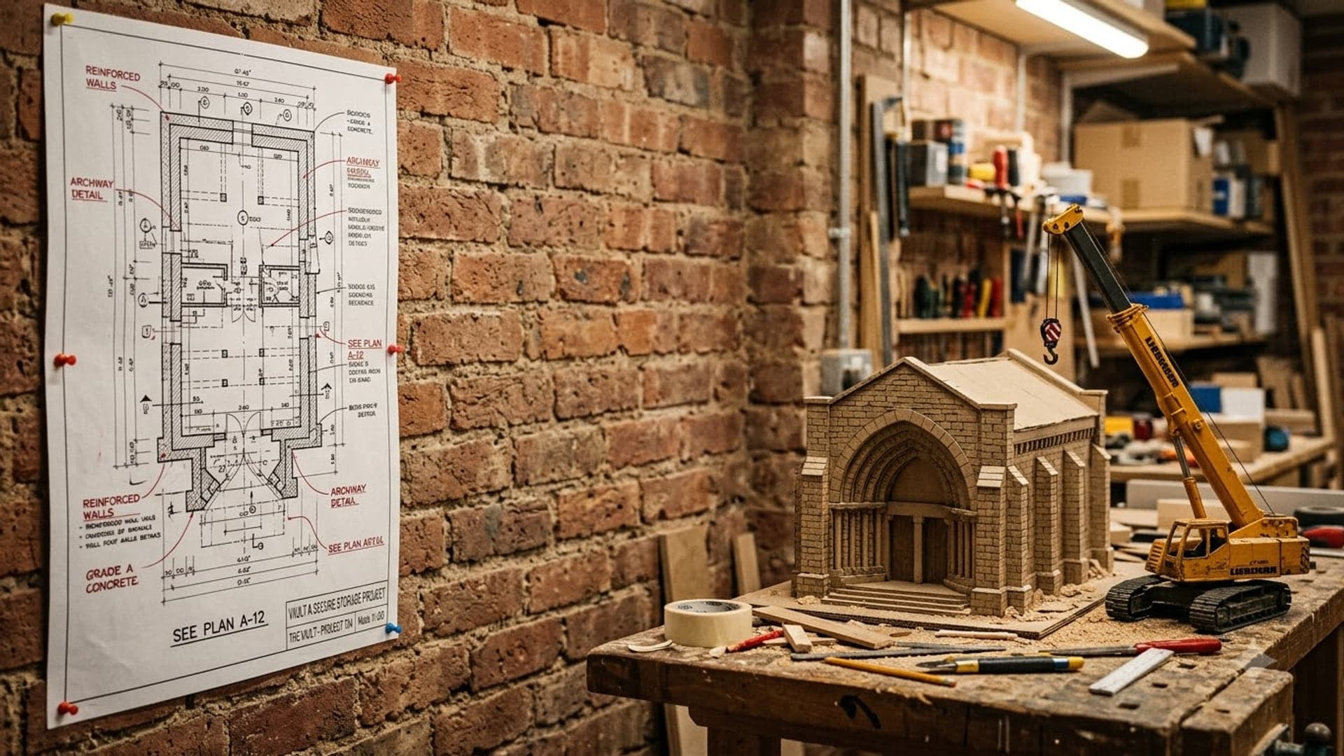 Architect's blueprint pinned to a bare brick wall on the left of a workshop, with a scale model of a stone bank building and a toy crane on the workbench to the right