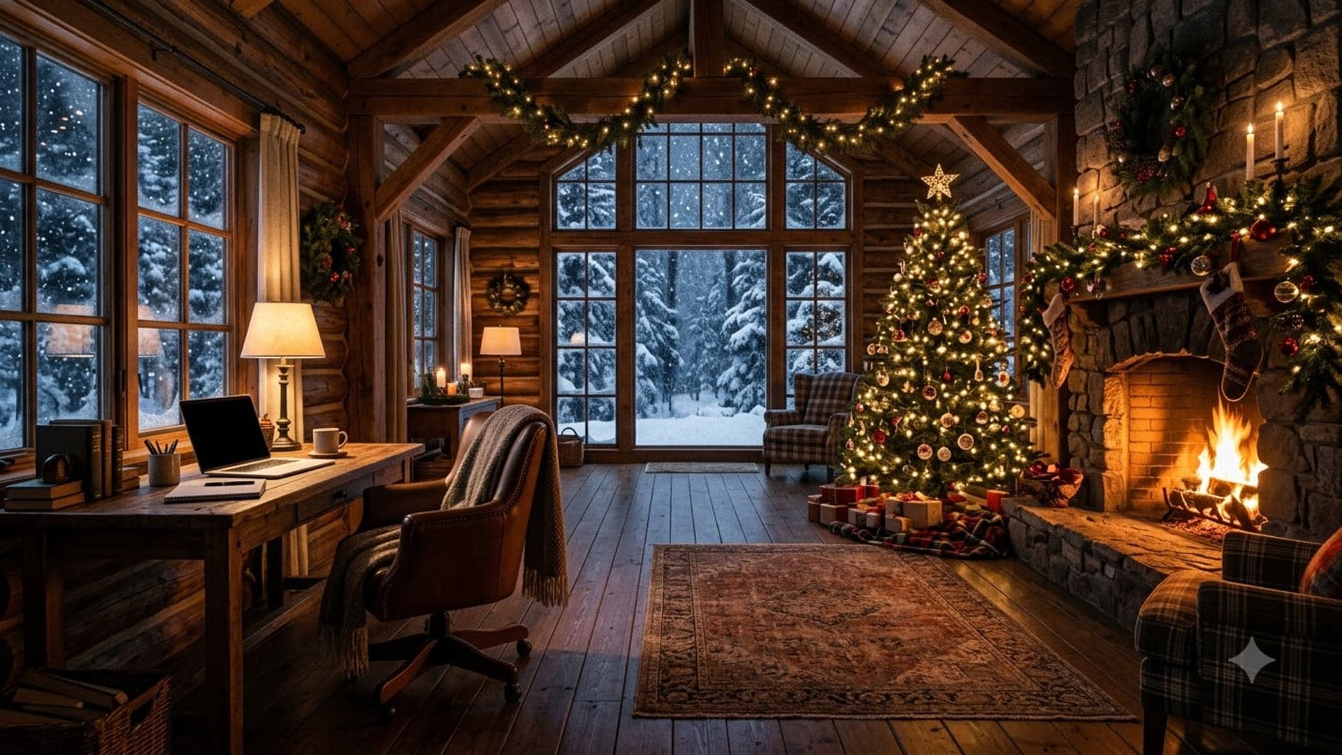 Cabin Workspace With Holiday — funny virtual background for Teams, Zoom and Google Meet