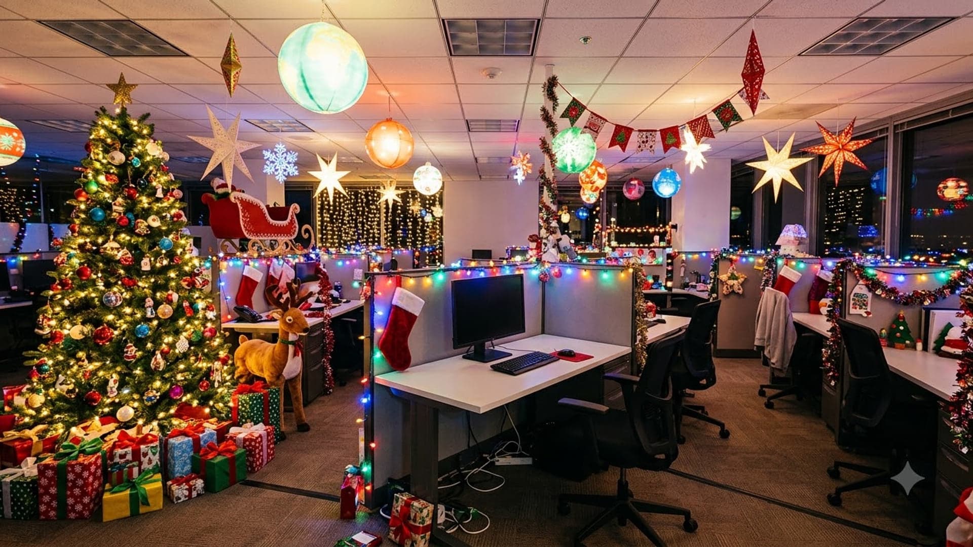 Holiday Office With Festive — funny virtual background for Teams, Zoom and Google Meet
