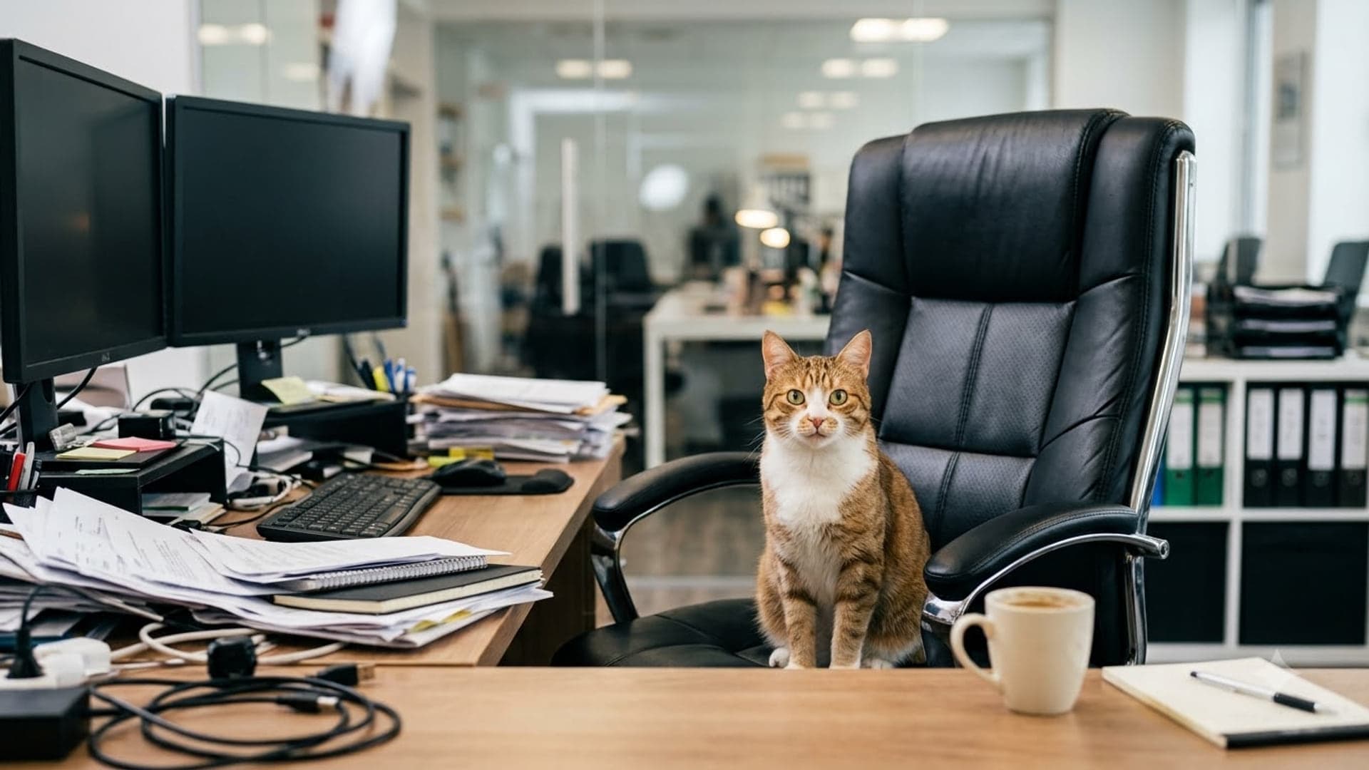 Ginger office cat sitting upright on a black leather desk chair beside a cluttered desk and two monitors in an open-plan office
