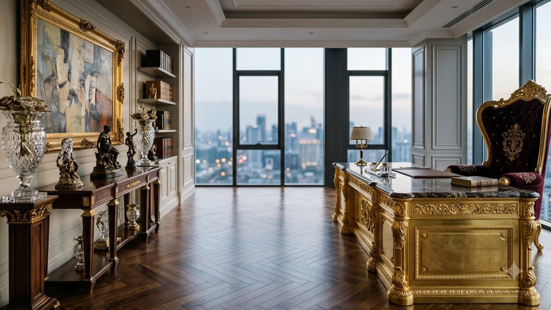 Absurdly opulent executive office with a gilded desk, velvet throne chair, crystal ornaments and a city skyline through floor-to-ceiling windows