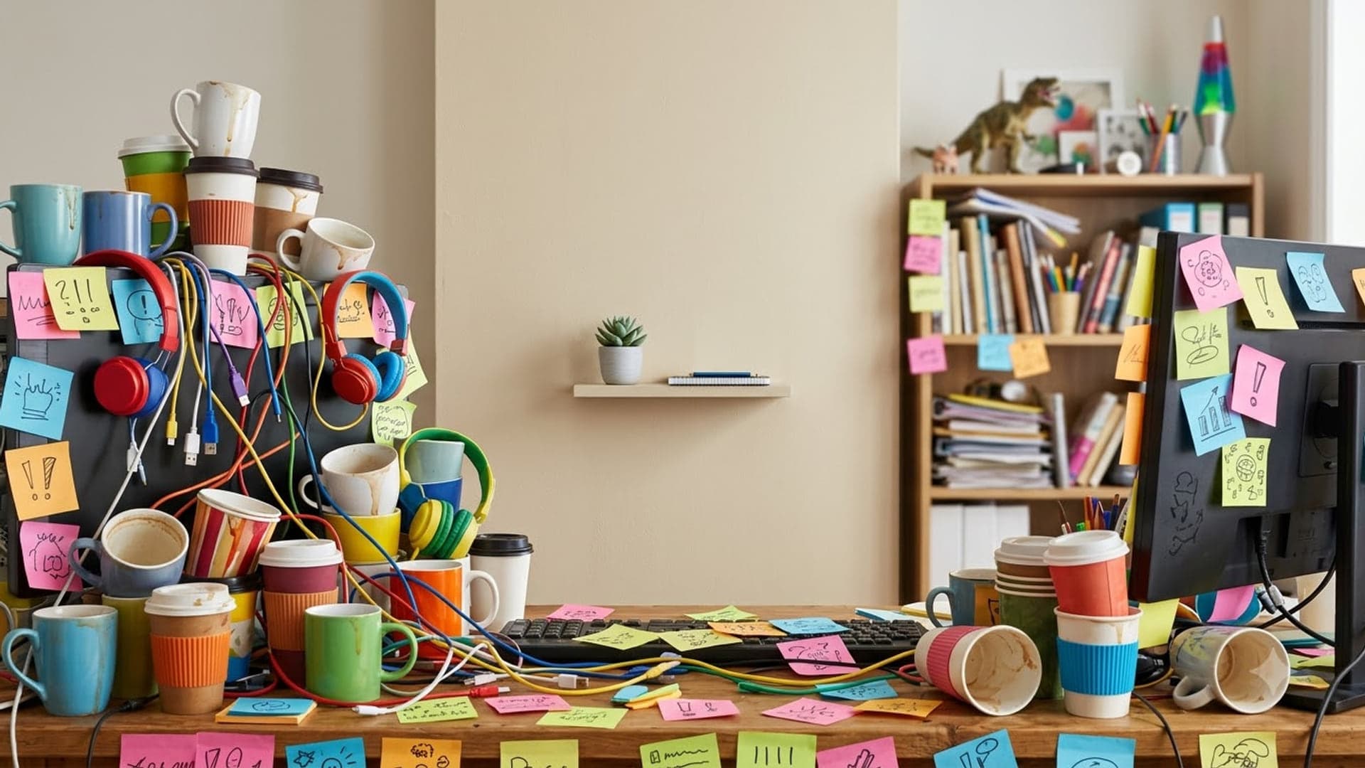 Desk buried under a mountain of coffee mugs, tangled cables and hundreds of coloured sticky notes, with a bare wall left clear in the middle