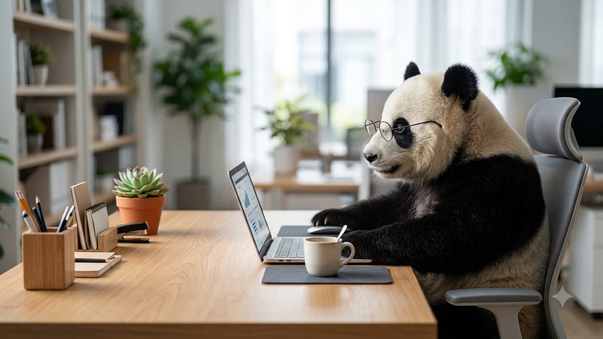 Giant panda wearing round glasses working at a laptop in a bright, tidy home office with a succulent on the desk