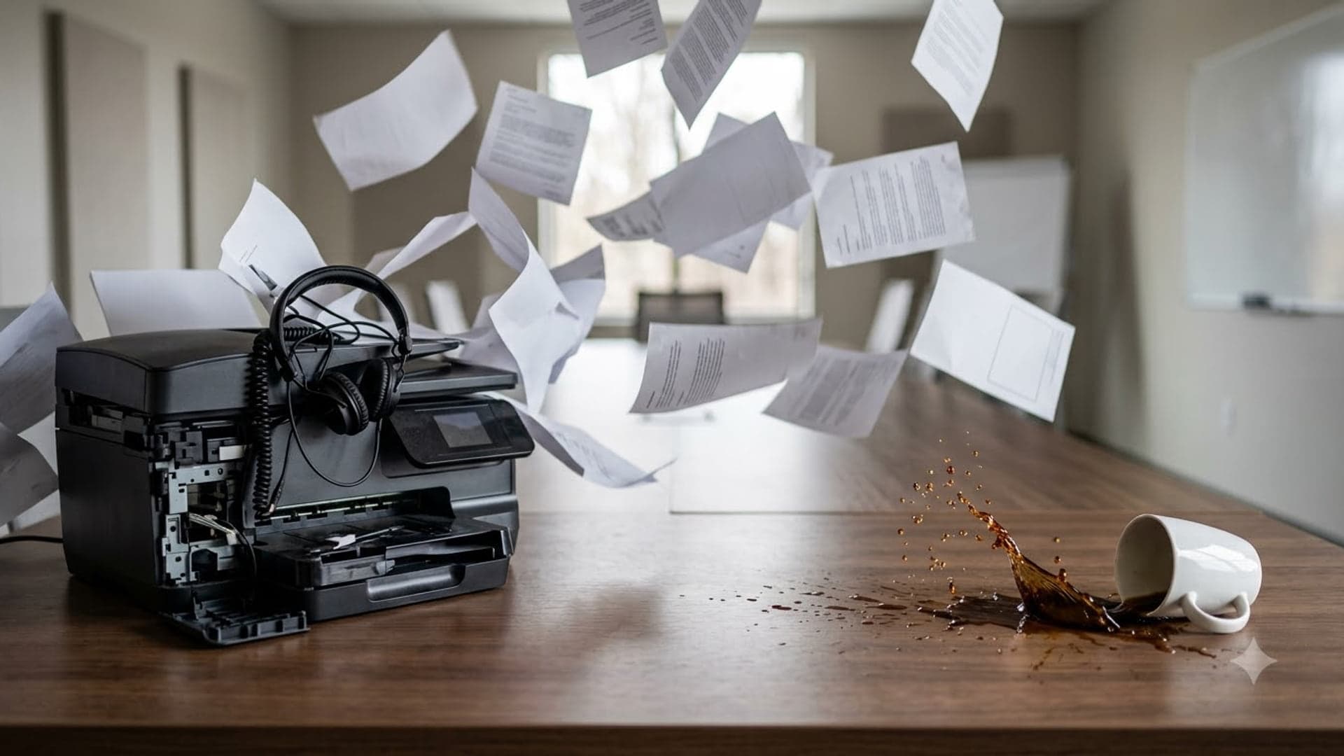 Office printer erupting a cloud of loose paper across a meeting room while a mug of coffee tips over and spills on the table