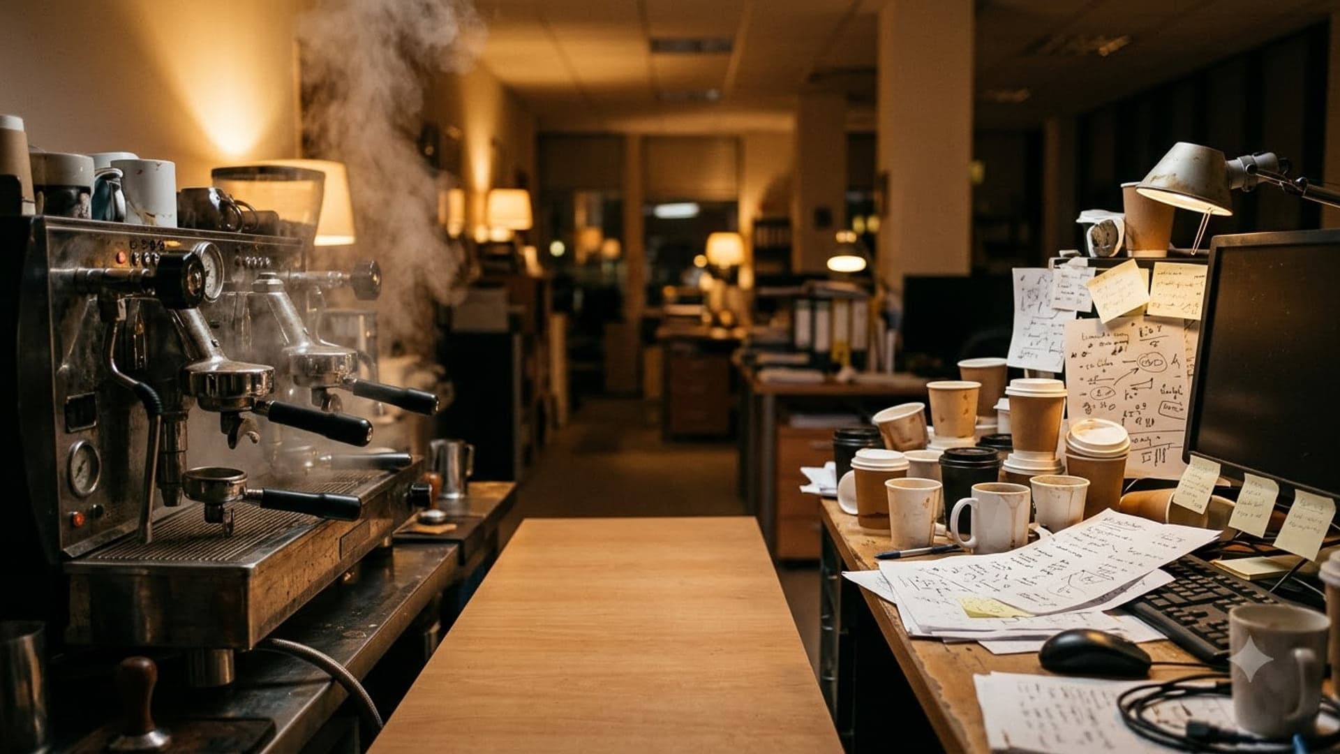 Dimly lit office late at night with a commercial espresso machine on one side and a desk covered in used coffee cups and scribbled notes on the other