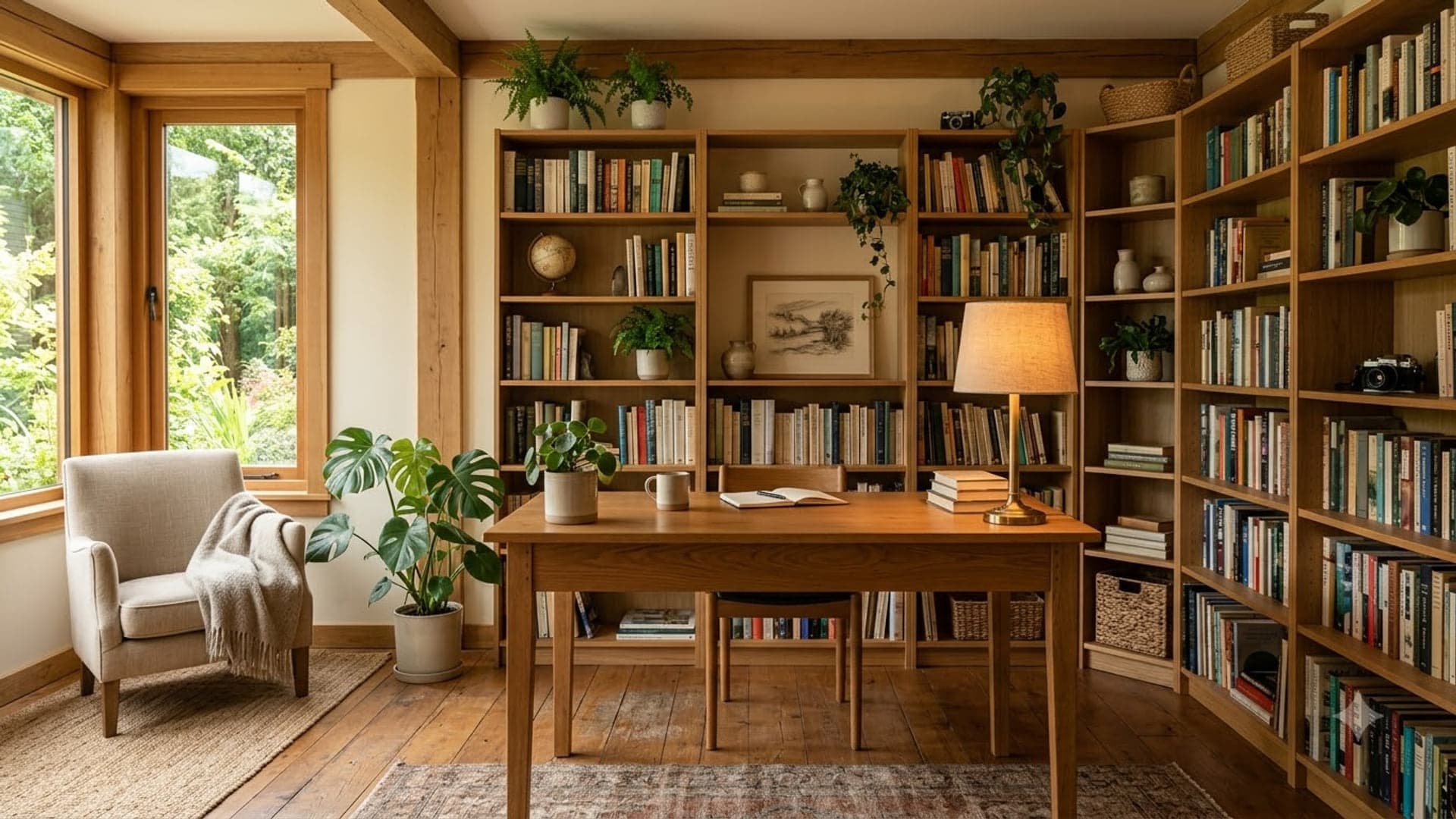 Cozy Workspace With Wooden — funny virtual background for Teams, Zoom and Google Meet