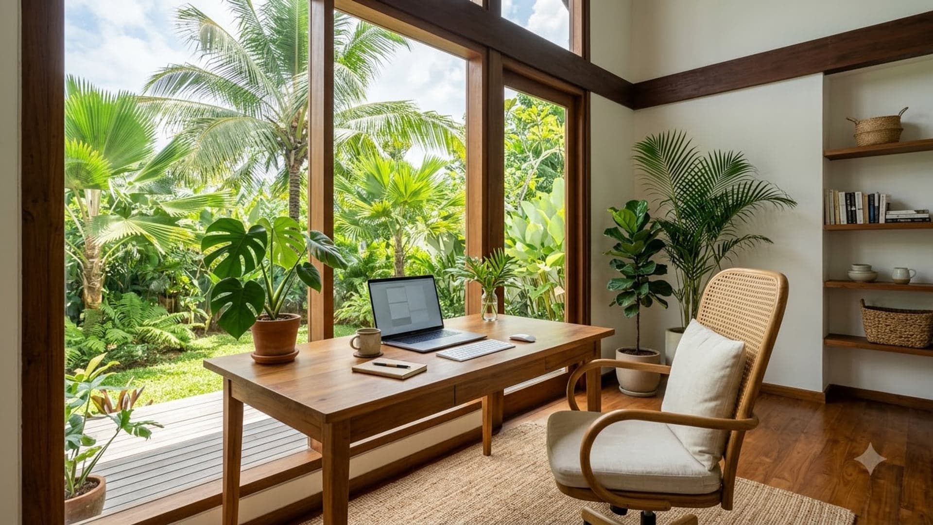 Modern Desk In Tropical Workspace — funny virtual background for Teams, Zoom and Google Meet