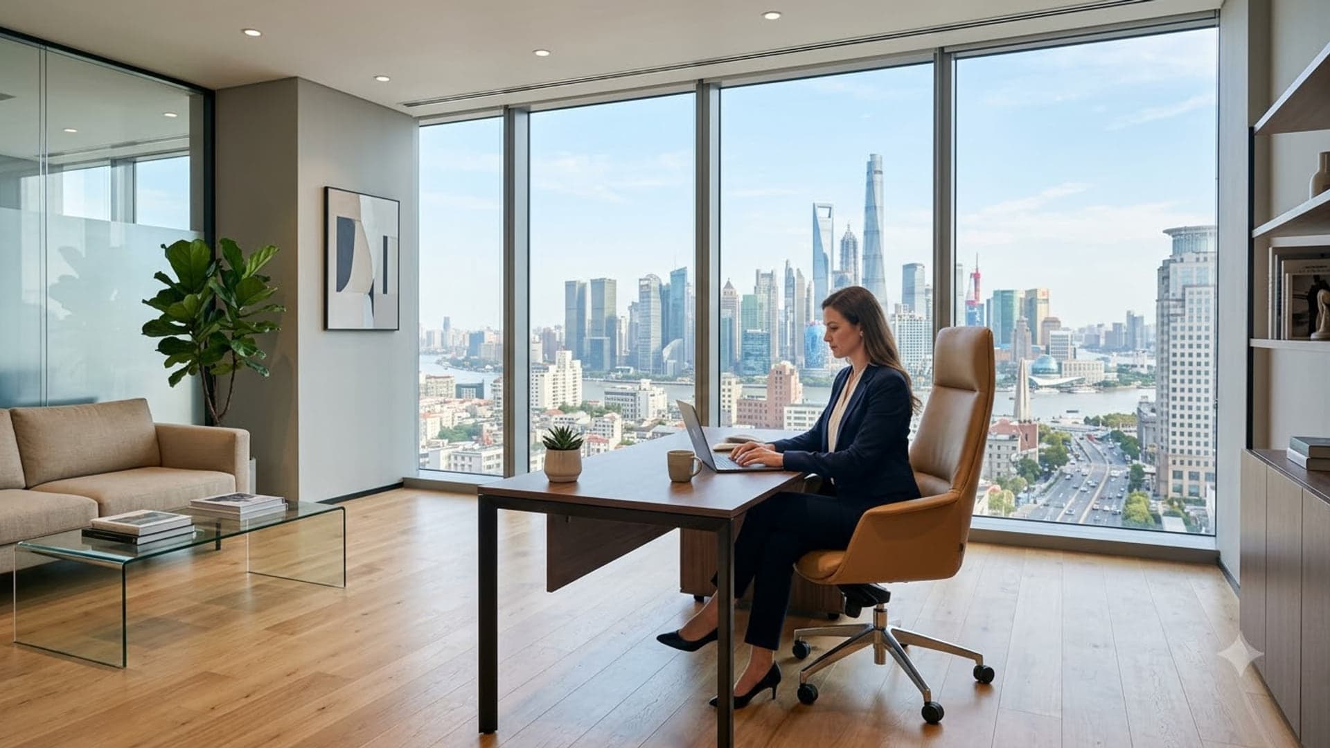 Modern Office Overlooking City — funny virtual background for Teams, Zoom and Google Meet