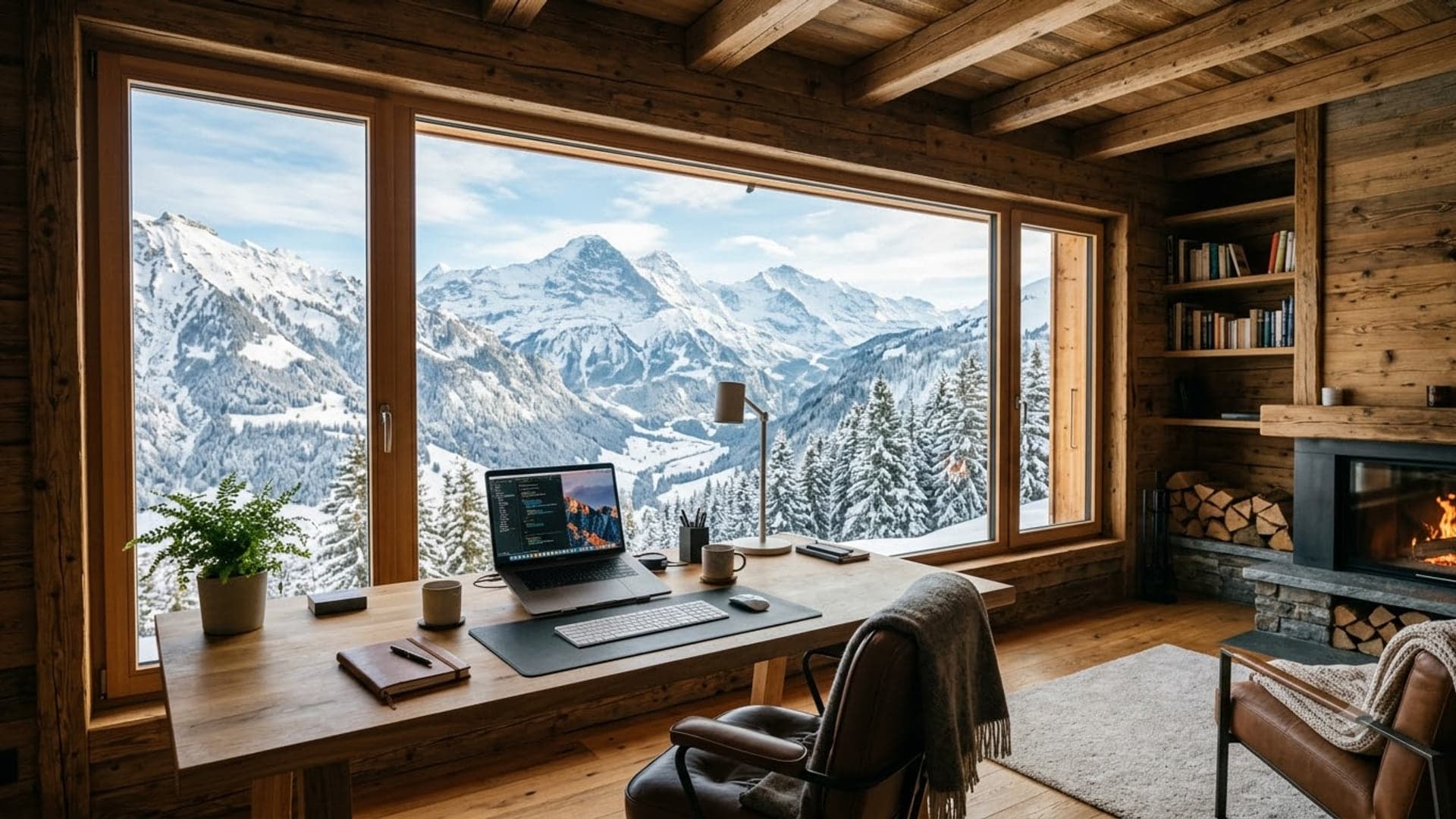 Mountain Cabin Office Window View — funny virtual background for Teams, Zoom and Google Meet
