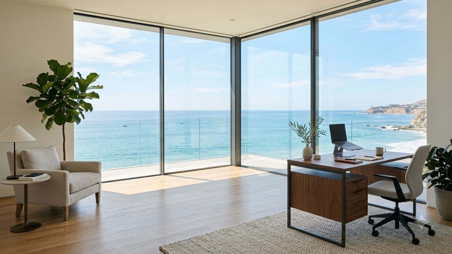 Ocean View Office Workspace — funny virtual background for Teams, Zoom and Google Meet
