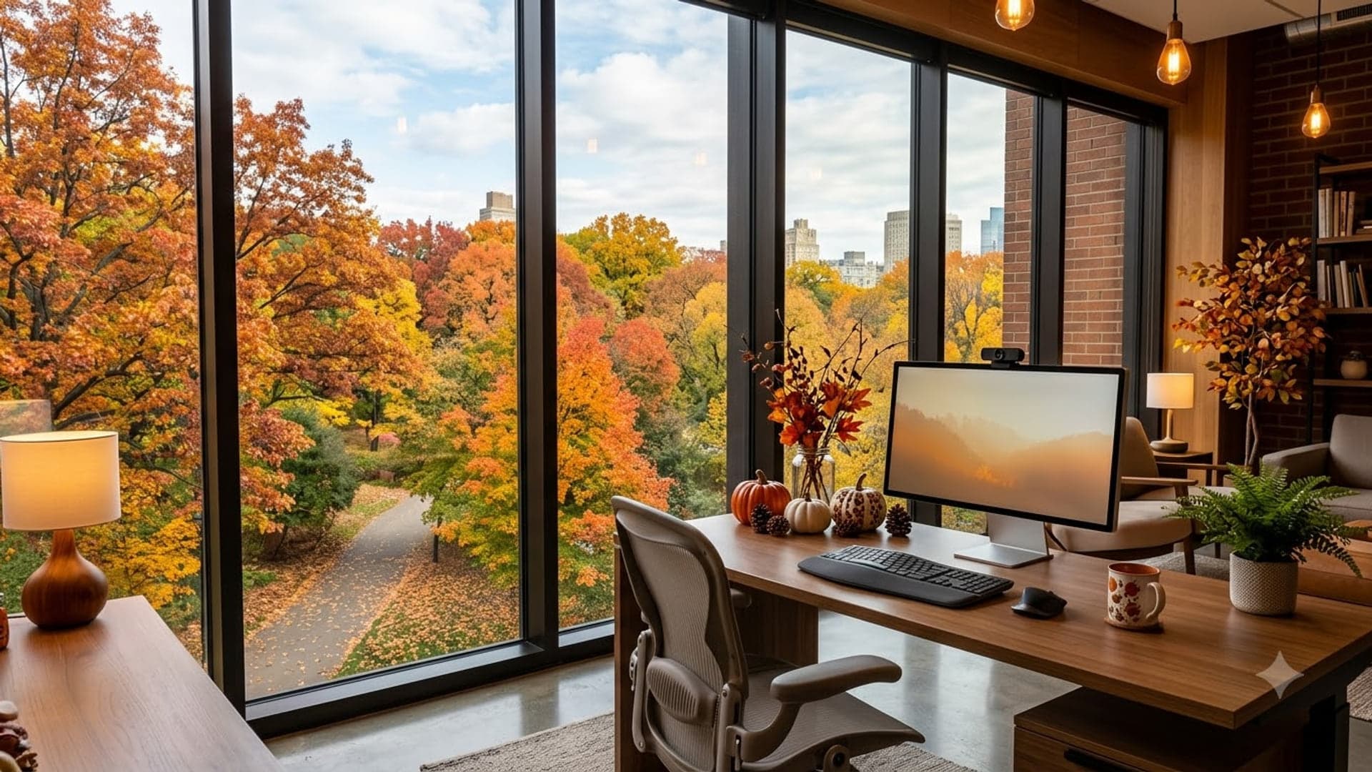 Autumn Office Window View — funny virtual background for Teams, Zoom and Google Meet